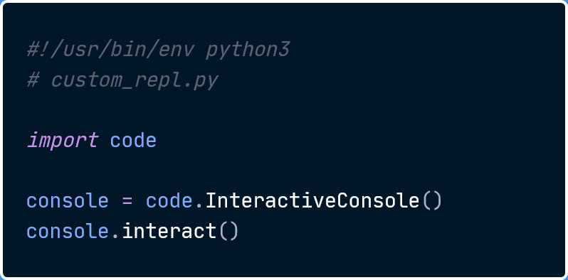 jocerfranquiz's tweet image. First, we need to create an interpreter session. This is really easy.

We just need to use the `code` module included in Python&apos;s standard library (I&apos;m using Python 3.10.12 btw), and 2 lines of code [img 1]

You will see something like [img 2]

1.  code.InteractiveConsole()…