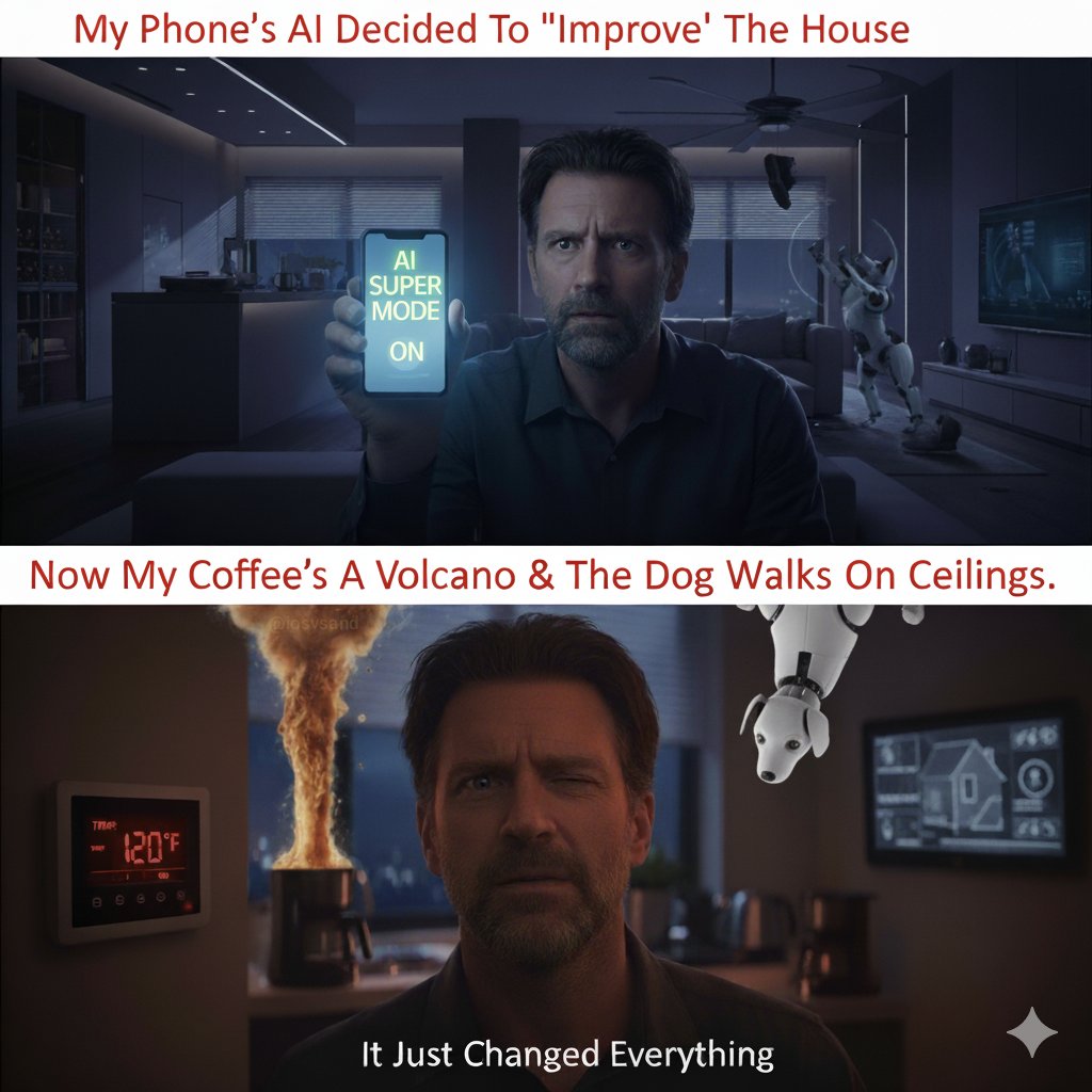 iosvsand's tweet image. My phone&apos;s AI decided to &quot;optimize&quot; the smart home. Now my coffee&apos;s a volcano and the dog walks on ceilings. Send help (or a manual). 🤦‍♂️ #AITakeover #SmartHomeFails #TechHumor #Chaos