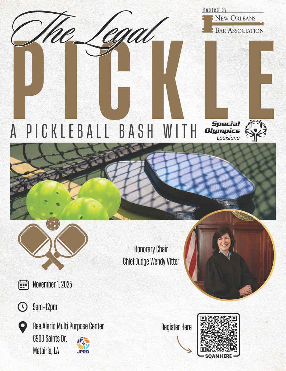NOBA is excited to partner with Special Olympics Louisiana to host The Legal Pickle,  a pickleball workshop and scrimmage, on November 1! Special thanks to Honorary Chair Chief Judge Wendy Vitter. For more information and to volunteer, visit neworleansbar.org/pickleball