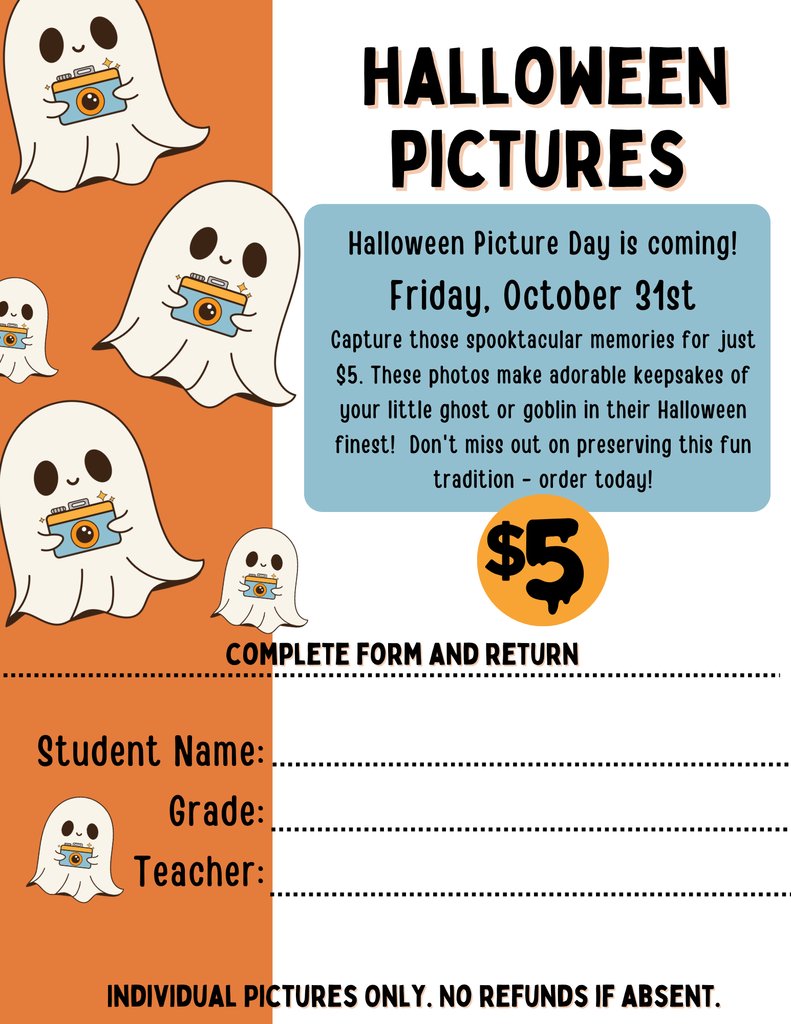 📸 Spooky Photo ALERT! PK will be capturing Halloween memories on Friday, October 31st, for just $5!
🎃 Order Forms are making their way to your homes, so keep those eyes peeled! Don't miss this chance to preserve those adorable costumes forever! 👻 📸