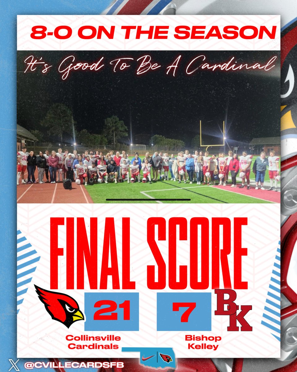 CVilleCardsFB's tweet photo. 9th Grade @collinsville_fb  team finished the season last night with a win over Bishop Kelley!  They finished 8-0 and a total of 23-1 since 7th grade year #ItsGoodToBeACardinal #GoCards #ETC @cvilleokschools @cvillecards @cvilleathletes https://t.co/hBakdqzhE9