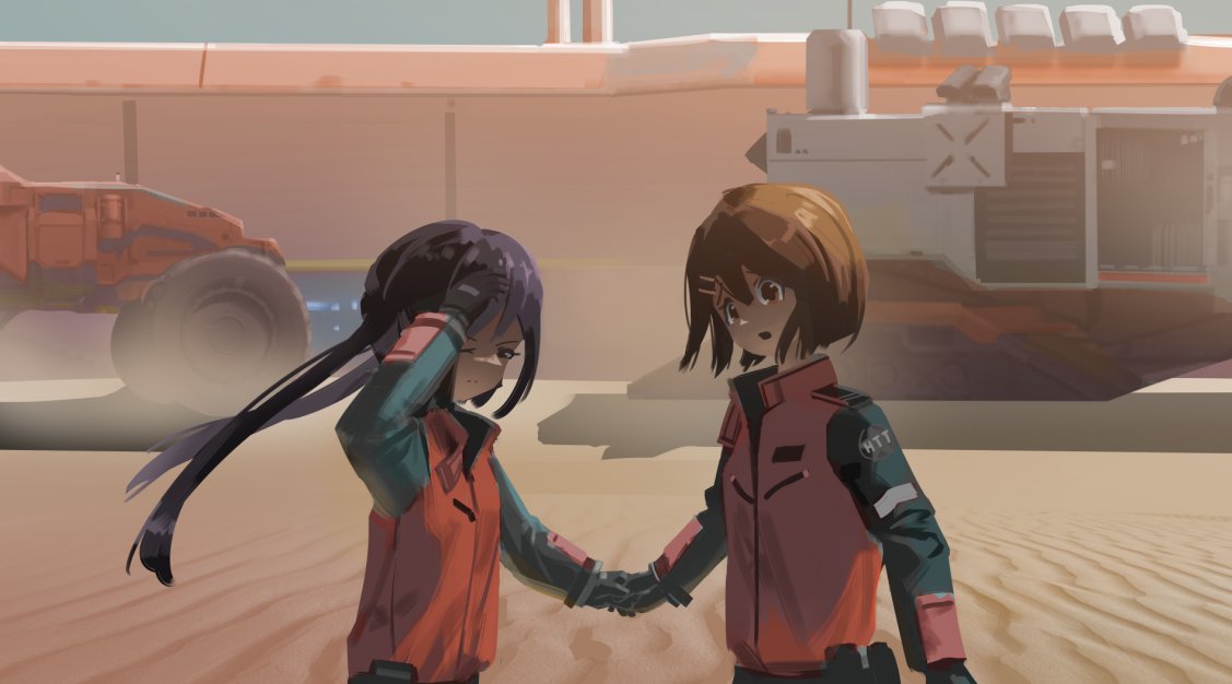 DWTornier's tweet image. There are 2 other versions of the Deserts of Kharak × K-ON crossover pic, which show Yui is concerned about Azusa.

Btw, I have an unfinished sketch of their ships; the HTT logo is used on the aircraft carrier runway.

#けいおん #DesertsOfKharak #Homeworld