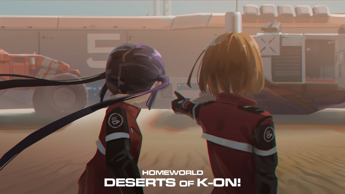 DWTornier's tweet image. There are 2 other versions of the Deserts of Kharak × K-ON crossover pic, which show Yui is concerned about Azusa.

Btw, I have an unfinished sketch of their ships; the HTT logo is used on the aircraft carrier runway.

#けいおん #DesertsOfKharak #Homeworld