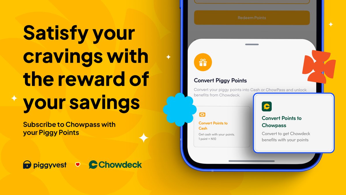 Piggyvest (@piggybankng) on Twitter photo We partnered with our friends at <a href="/chowdeck/">ChowdeckNG</a> to make it possible for users to purchase a Chowpass subscription with their Piggy Points! 🥳 We partnered with our friends at <a href="/chowdeck/">ChowdeckNG</a> to make it possible for users to purchase a Chowpass subscription with their Piggy Points! 🥳