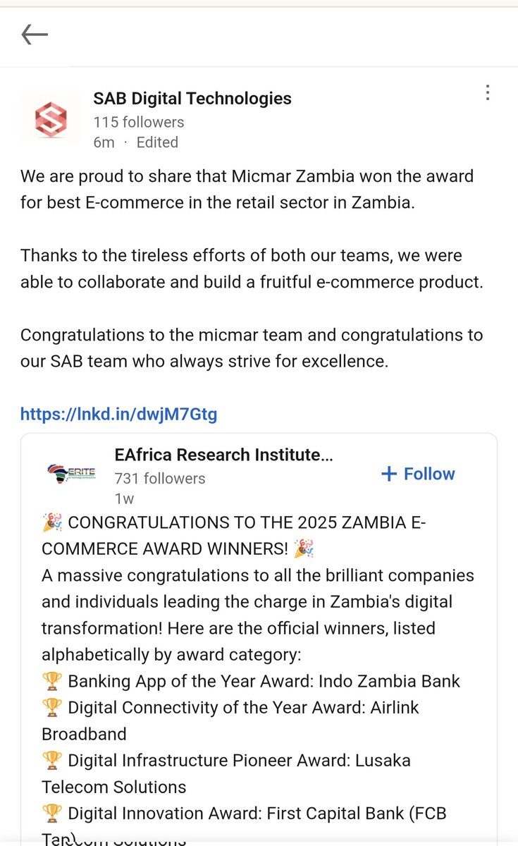 sabdigitech's tweet image. #micmarzambia win best retail e-commerce award in Zambia. Well done to the smooth adoption by the operations team at Micmar and well-done to our SAB team for striving for excellence in building a fruitful product. sabgitech.ltd #sabdigitech