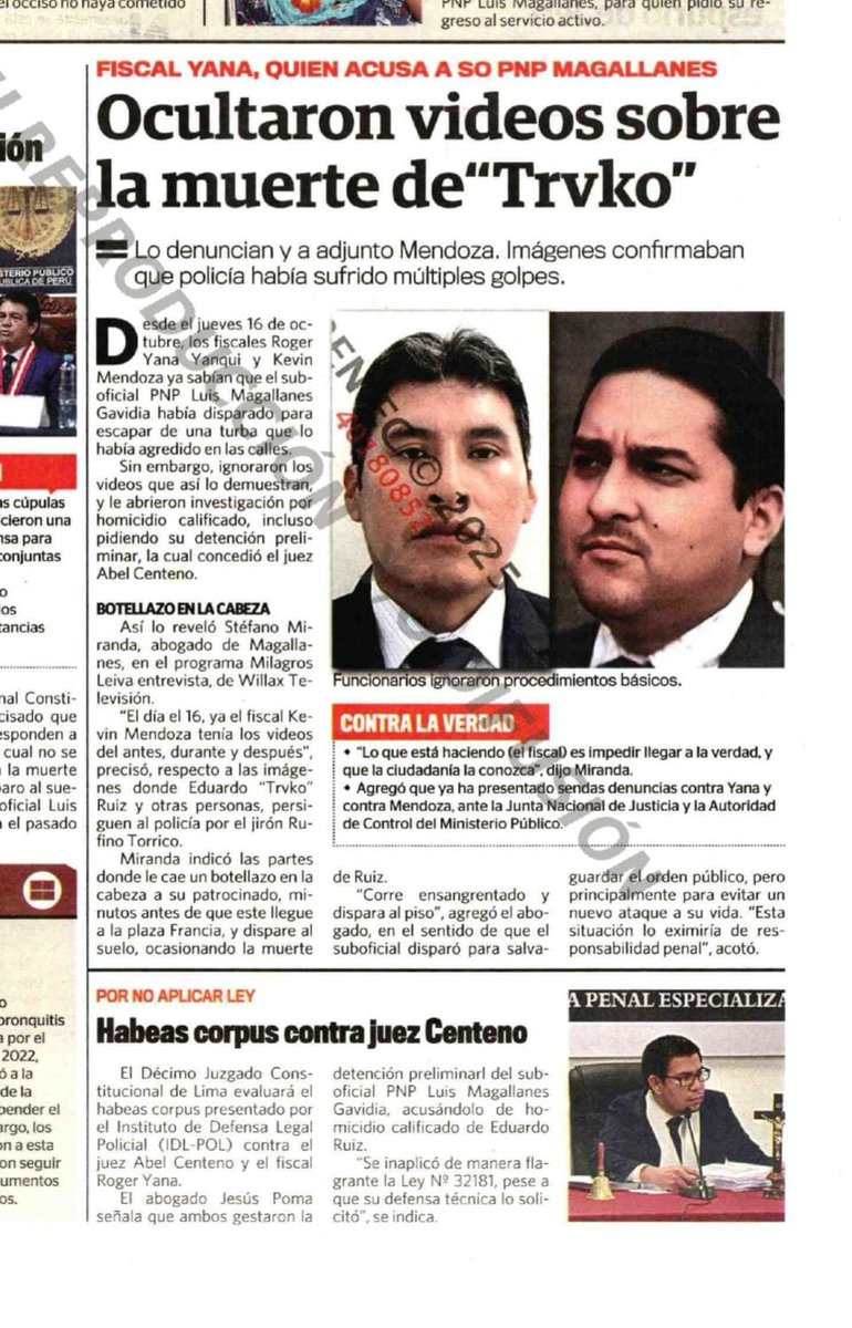 Según el abogado Stefano Miranda los fiscales Roger Yana y Kevin Mendoza ya sabían que el SO Magallanes disparó para escapar de una turba que lo venía agrediendo pero prefirieron ocultar los vídeos 
¿Este par habrán estado también en la vigilia de la mucama del avezado Gorrata ?