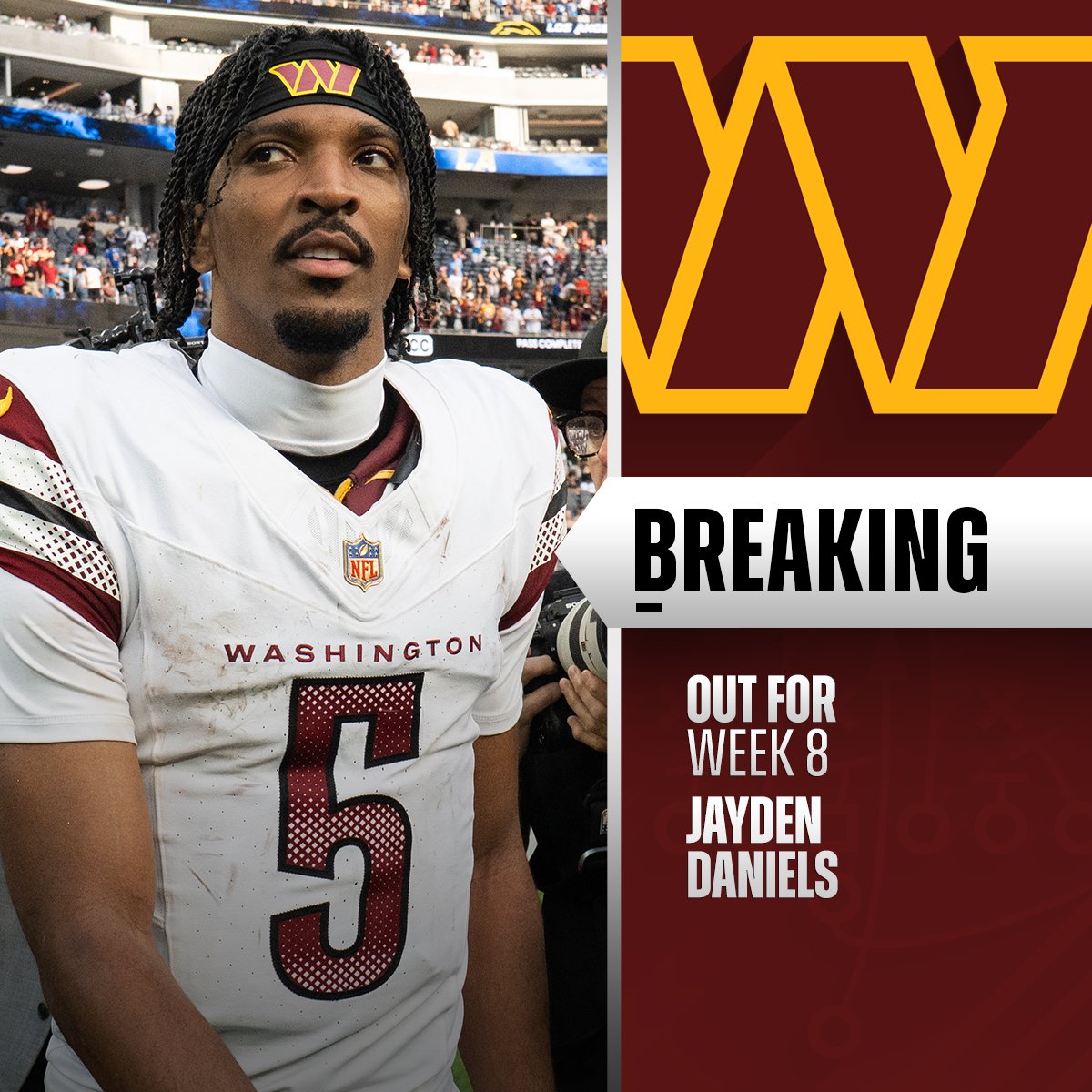 Commanders QB Jayden Daniels expected to miss Week 8 vs. Chiefs. (via @rapsheet) 