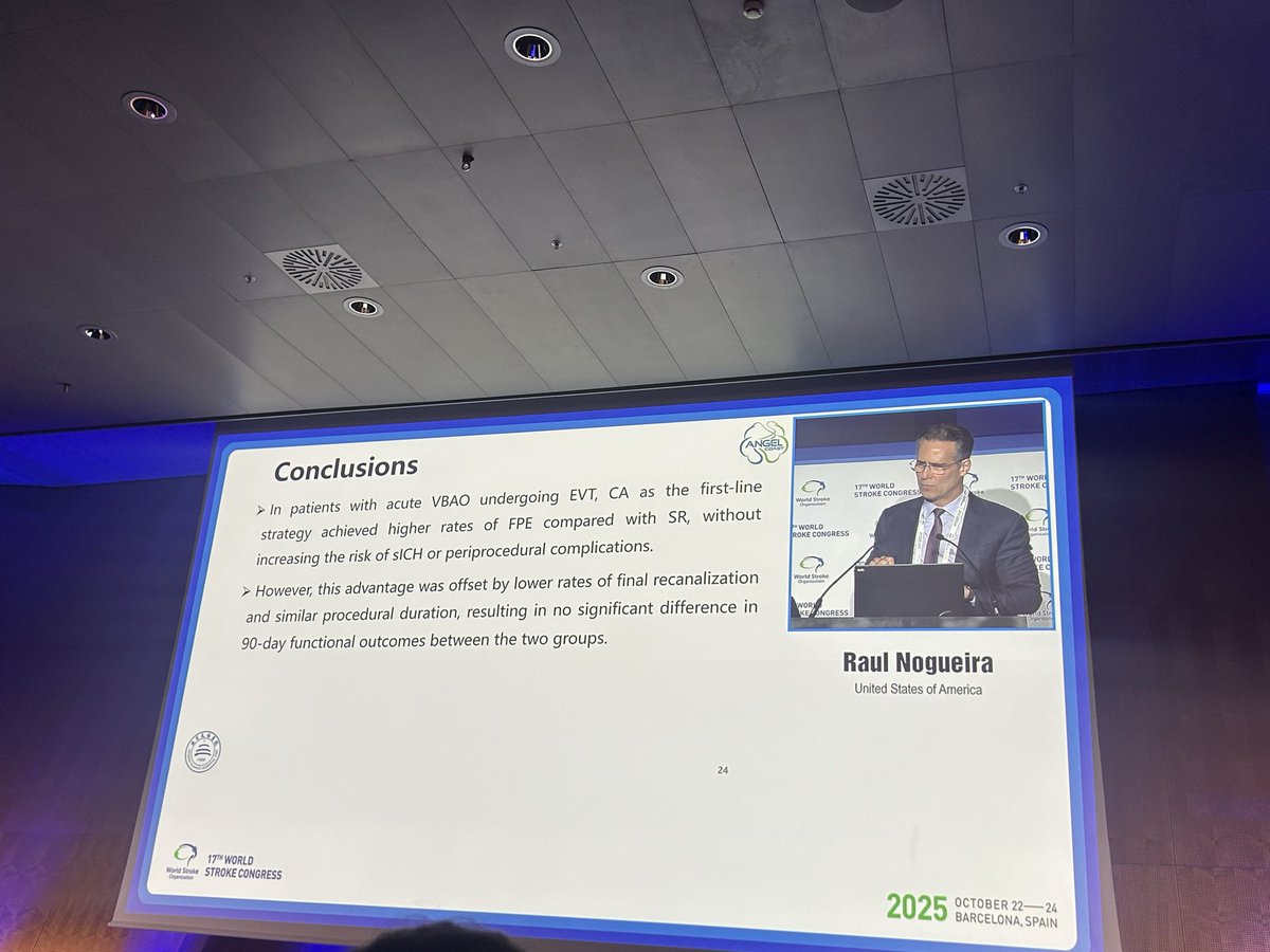#WSC2025

#ANGELCOAST

👉🏻 BAO &lt;24 hs, NIHSS&gt;10 PC-ASPECT &gt;6 🇨🇳
👉🏻Stent vs aspiration (CA)
✅ CA &gt; 104% FPE
🔴 CA &lt; complete recanalization rates 
🟡 No difference in functional and safety outcomes