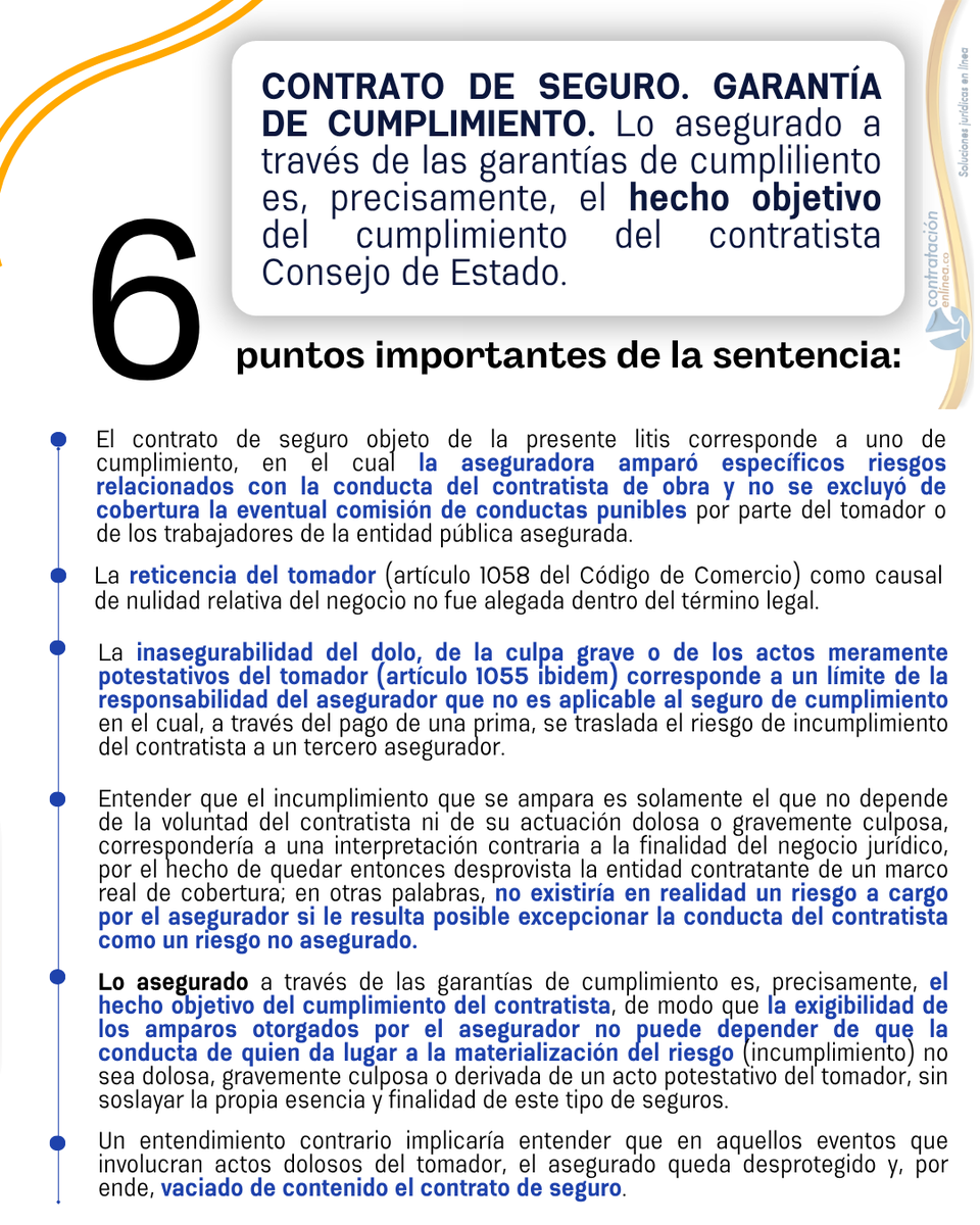 📧 GARANTÍA DE CUMPLIMIENTO La EXIGIBILIDAD de los amparos otorgados por el asegurador no puede depender de que la CONDUCTA de quien da lugar a la materialización del riesgo (incumplimiento). Consejo de Estado contratacionenlinea.co/documentos/con…
