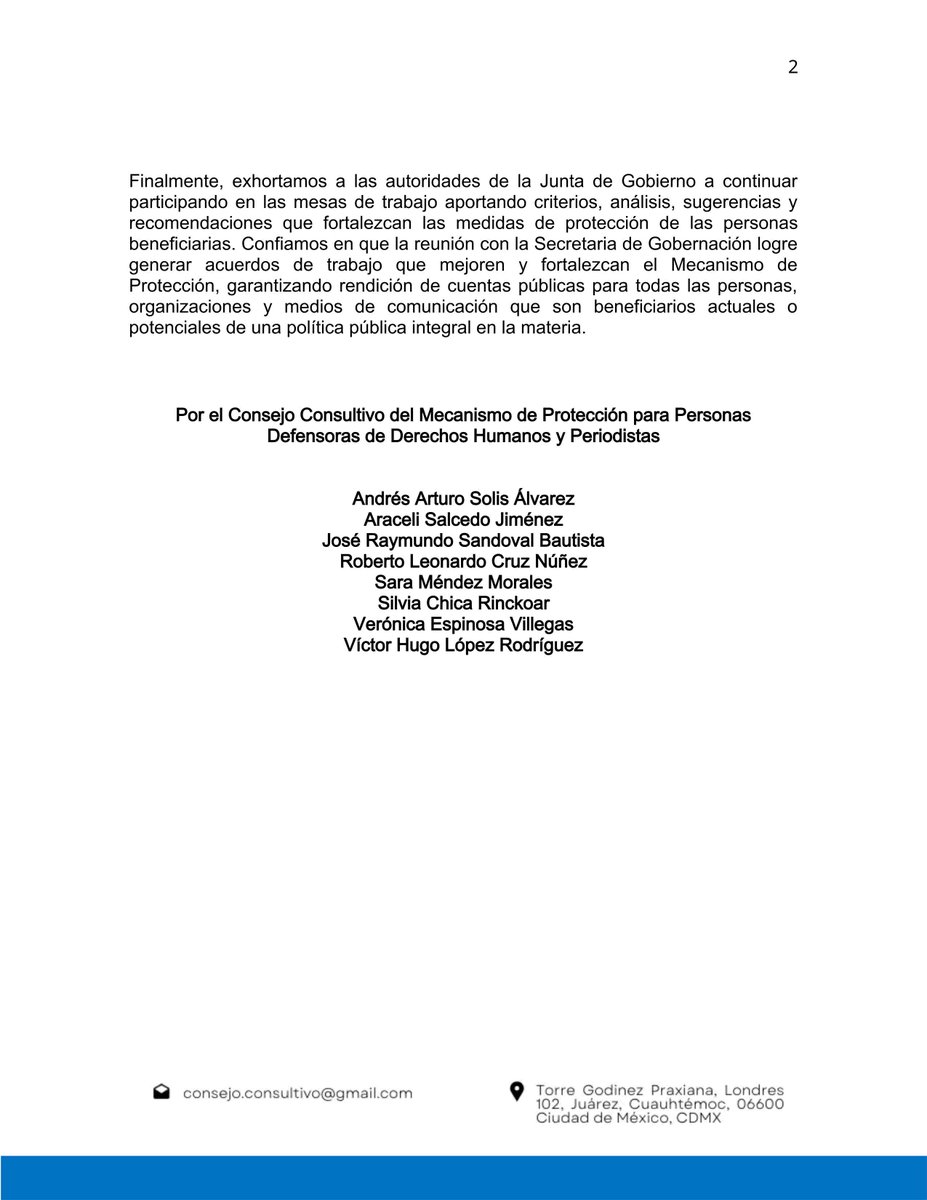 📌#Comunicado 

El Consejo Consultivo del <a href="/Mecanismo_MX/">Mecanismo de Protección Federal</a> se reunió con el Subsecretario de #DDHH <a href="/arturomedinap/">Arturo Medina</a> para fortalecer la coordinación de responsabilidades que la ley confiere a cada instancia de la Junta de Gobierno y solicitar una reunión con <a href="/rosaicela_/">Rosa Icela Rodríguez Velázquez</a> de la <a href="/SEGOB_mx/">Gobernación</a>
