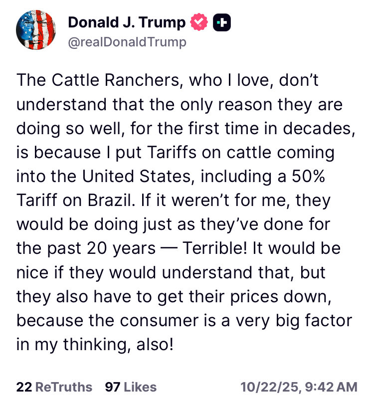 Acyn's tweet image. Trump: The Cattle Ranchers, who I love, don&apos;t understand that the only reason they are doing so well, for the first time in decades, is because I put Tariffs on cattle coming into the United States, including a 50% Tariff on Brazil. If it weren&apos;t for me, they would be doing just…