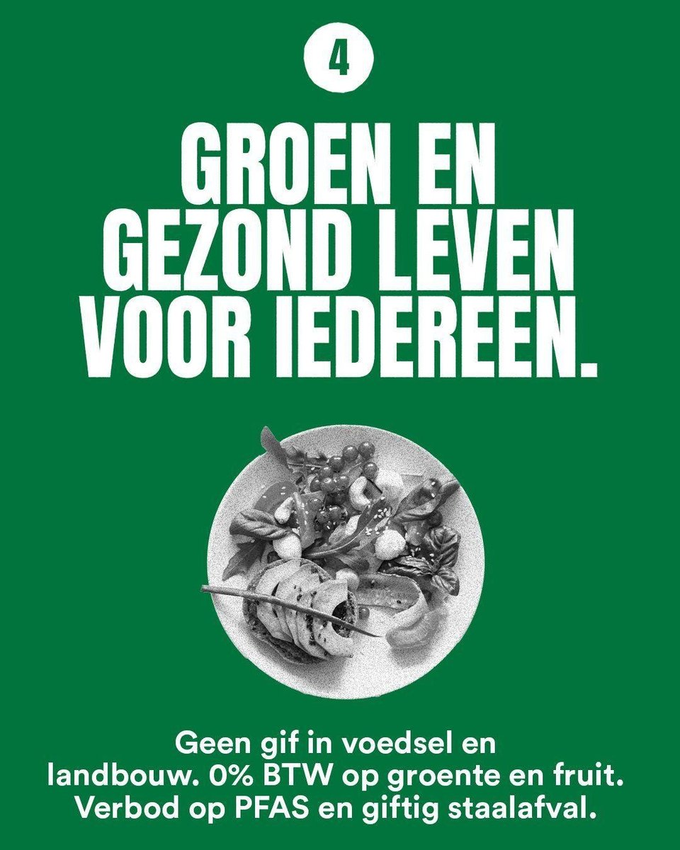 Geen gif, wel gezondheid

Iedereen heeft recht op een gezonde omgeving en schone omgeving, betaalbaar eten zonder #gif en toegankelijke zorg

Daarom:
☣️ Landbouwgif, #PFAS en giftig staalafval verbieden
🫛 0% BTW op groente en fruit
🩺 Geen eigen risico

#TK2025 #PvdD #Natuurlijk