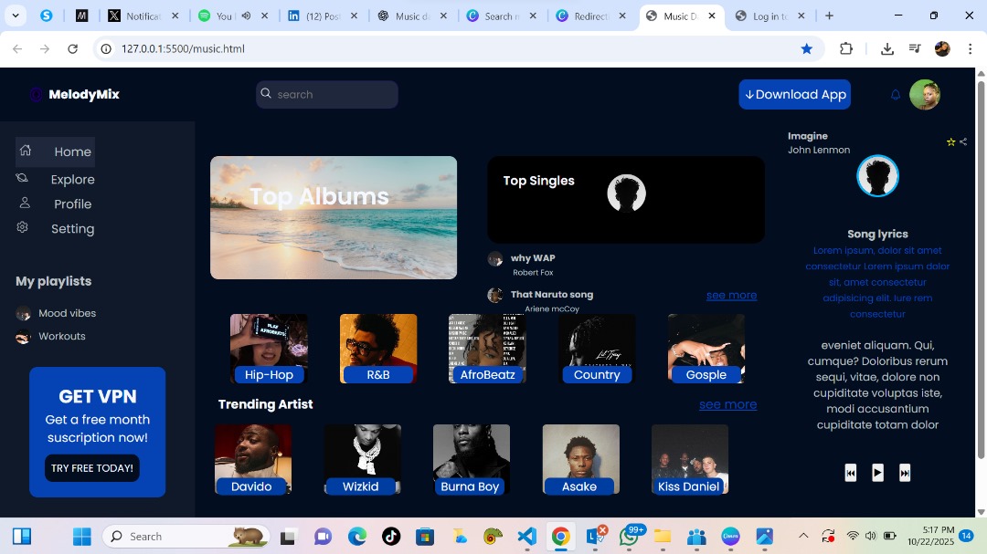 MellyWeb3_'s tweet image. Built a music dashboard with HTML & CSS (and yes, it’s fully responsive 😌).
Coding really teaches patience, one wrong line and boom, chaos 😂
Proud of this one! 😍✨
What’s a project that made you feel like, “I’m actually getting better”?
#HTML #CSS #WebDev