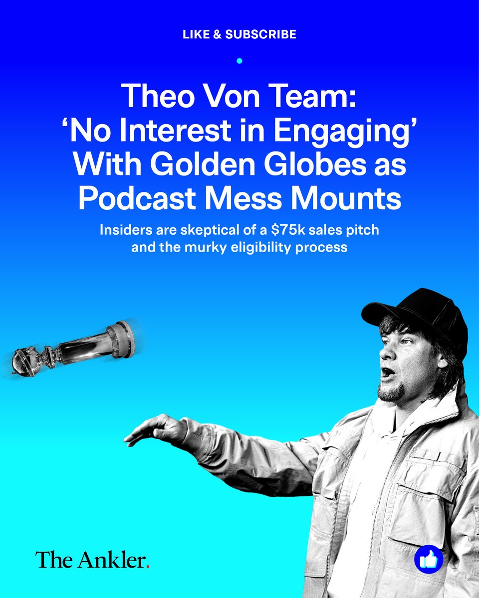 TheAnkler's tweet image. The Golden Globes’ new Best Podcast award was supposed to celebrate creators. Now it's a PR nightmare with $75K Variety pay-for-play offers, a murky eligibility list from sister company Luminate, and podcasters like Theo Von opting out. @natjarv reports: bit.ly/47BH3g6