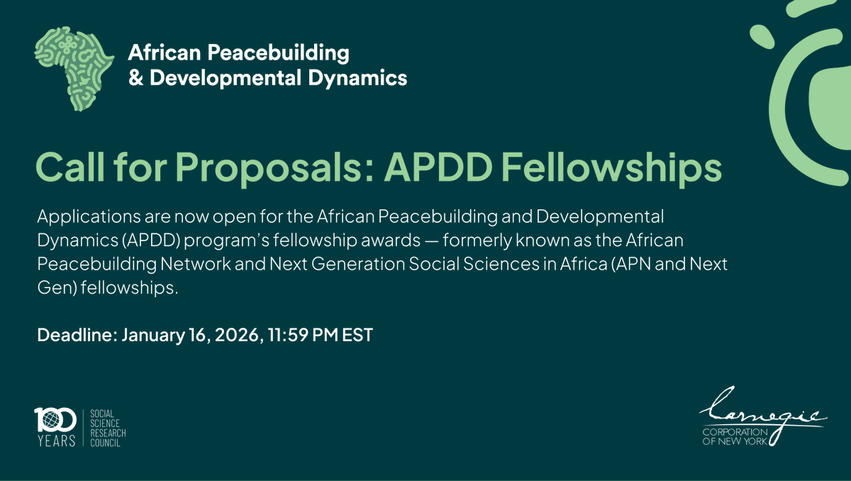 ssrc_org's tweet photo. Applications are now open for the 2026 @SSRC_APDD  (formerly APN &amp; Next Gen) fellowships. Apply now to advance your research, strengthen your networks, and shape Africa’s peacebuilding future. Please share widely!

Deadline: Jan 16, 2026
Learn more: https://t.co/Wsbc8loOCM https://t.co/7SxroXAOMq