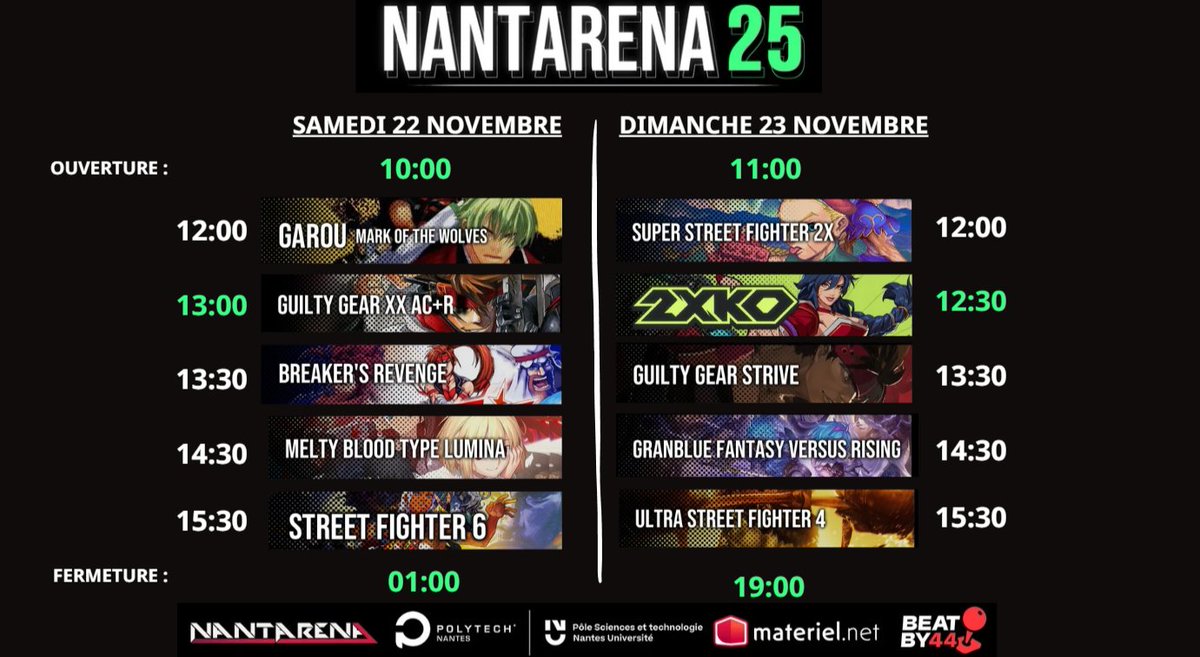 Le planning du week-end est disponible!

Hâte de vous retrouver les 22 et 23 novembre à la <a href="/Nantarena/">Nantarena</a> 25, pour un maximum de dose!

Startgg: Inscriptions ⬇️