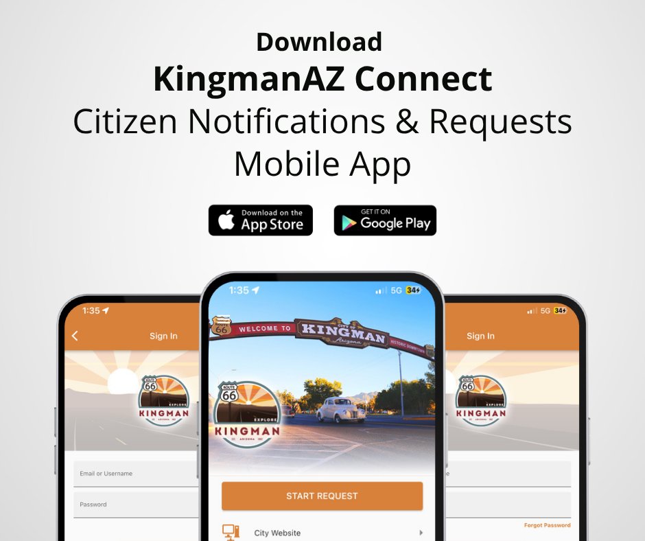 CityofKingman's tweet image. 📱 The City of Kingman just launched KingmanAZ Connect: a new app that lets you report issues, track updates, and stay connected with your city in real time!
📲 Download now on the App Store or Google Play.
#KingmanAZ #KingmanAZConnect #WeAreKingman