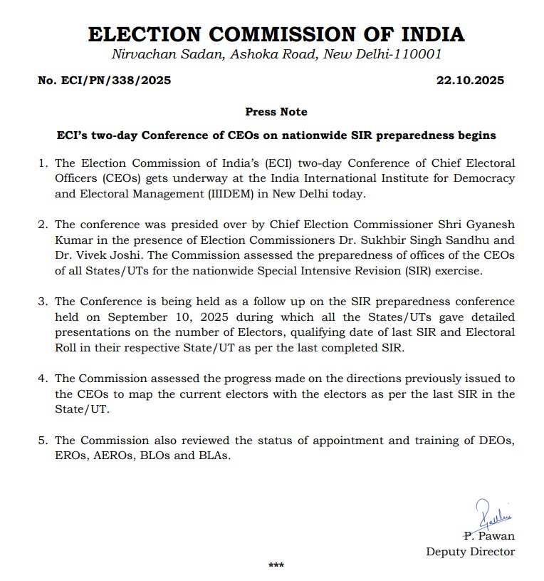 Election Commission of India’s (<a href="/SpokespersonECI/">Spokesperson ECI</a>) two-day Conference of Chief Electoral Officers (CEOs) gets underway at the India International Institute for Democracy and Electoral Management (<a href="/ECIIIIDEM/">IIIDEM</a>) in New Delhi today.

The Conference is being held as a follow up on the