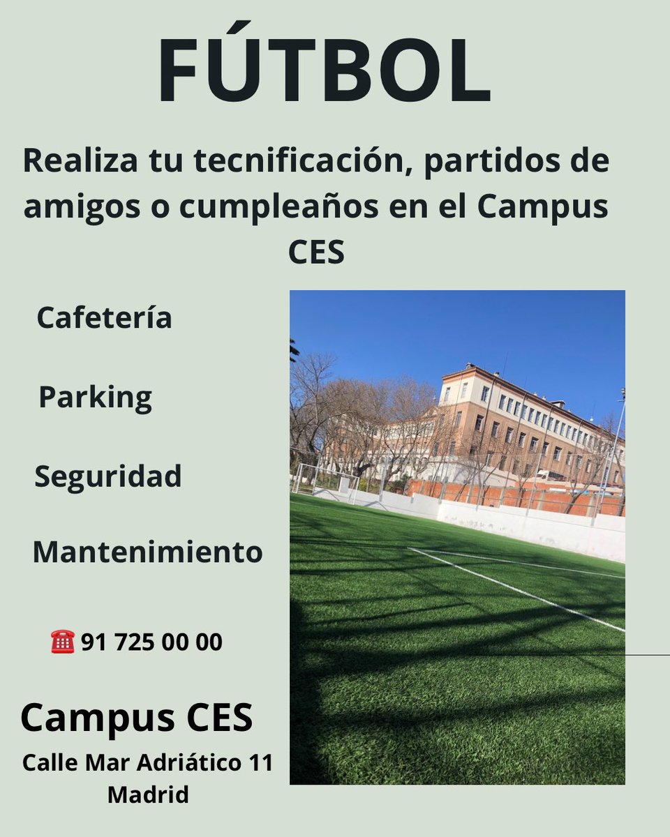 🎓 Campus CES

🟡 Si quieres realizar tus entrenamientos de TECNIFICACIÓN 

🟢 PARTIDOS con tus amigos

🔴 Celebrar un CUMPLEAÑOS o cualquier evento.

⏺️ Contacta con nosotros y te informamos.

☎️ 91 725 00 00

🏫 Te esperamos en <a href="/escuelaCES/">Escuela de Imagen y Sonido CES</a>