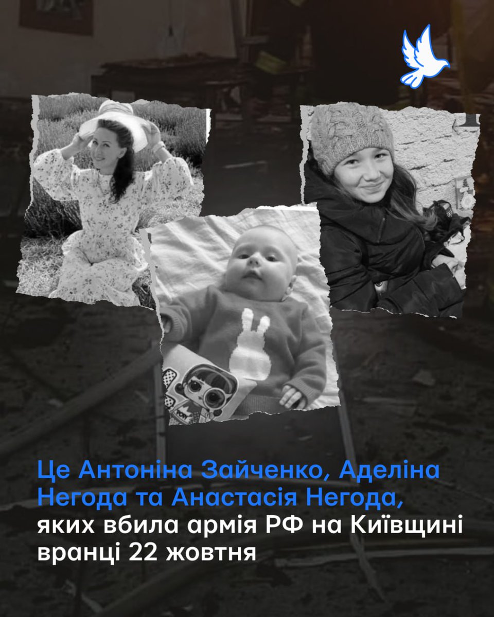 Hromadske reports that Antonina and her 6mo baby, Adelina, killed last night by a russian drone, were visiting her in-laws — their Kyiv apartment had no heating because of russia's strikes on the energy grid. Adelina was a deeply wanted child.

12yo Anastasia, Antonina's niece,