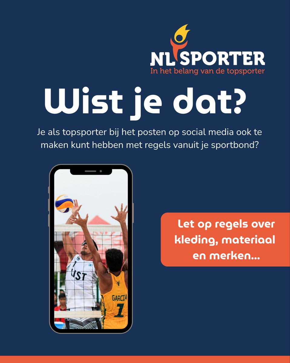 NL_sporter's tweet photo. 𝐀𝐥𝐬 𝐬𝐩𝐨𝐫𝐭𝐞𝐫 𝐩𝐨𝐬𝐭 𝐣𝐞 𝐫𝐞𝐠𝐞𝐥𝐦𝐚𝐭𝐢𝐠 𝐢𝐞𝐭𝐬 𝐨𝐩 𝐬𝐨𝐜𝐢𝐚𝐥 𝐦𝐞𝐝𝐢𝐚. 📲 Maar 𝘸𝘪𝘴𝘵 𝘫𝘦 𝘥𝘢𝘵 je als topsporter vaak ook te maken hebt met regels vanuit je bond? 🤔 Twijfel je of je iets mag posten? 𝙉𝙇 𝙎𝙥𝙤𝙧𝙩𝙚𝙧 kijkt graag met je mee! https://t.co/ecWllmSQi4