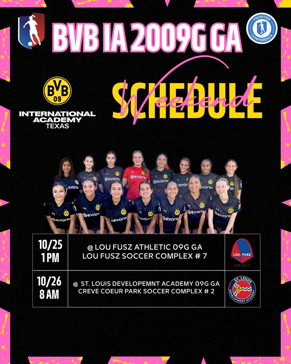We are heading to St. Louis this weekend for our next <a href="/GAcademyLeague/">Girls Academy</a> games against <a href="/LouFuszSoccer/">Lou Fusz Soccer Club</a> and <a href="/STLDASoccer/">StLouisDAsoccer</a>. Come out and watch us play! Let’s go BVB! <a href="/bvbiantx/">BVB International Academy North Texas</a> <a href="/bvbiaa/">BVB IA North Amercia</a> <a href="/ImYouthSoccer/">ECNL/GA/Recruiting/College Soccer</a> <a href="/girlssoccernet/">Girls Soccer Network</a> <a href="/TopDrawerSoccer/">TopDrawerSoccer</a> <a href="/PrepSoccer/">Prep Soccer ⚽️</a> <a href="/PrepSoccerTX/">Prep Soccer Texas</a> #bvb09gga #soccer #letsgo