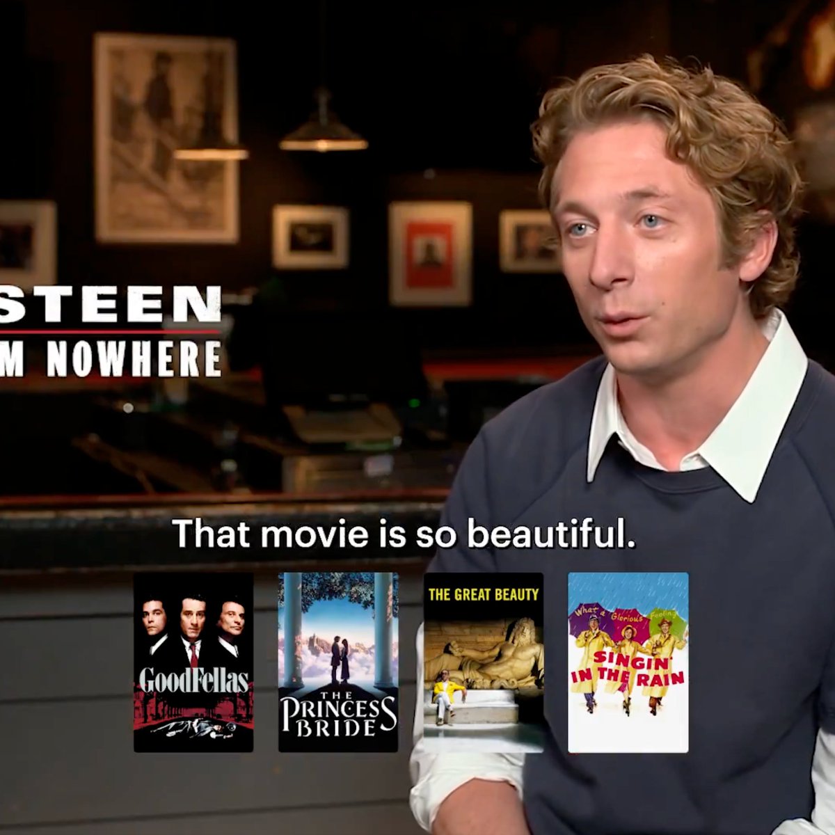 ProjBigScreen's tweet image. Jeremy Allen White's four favorites for @letterboxd:
• GOODFELLAS 
• THE PRINCESS BRIDE 
• THE GREAT BEAUTY 
• SINGIN' IN THE RAIN