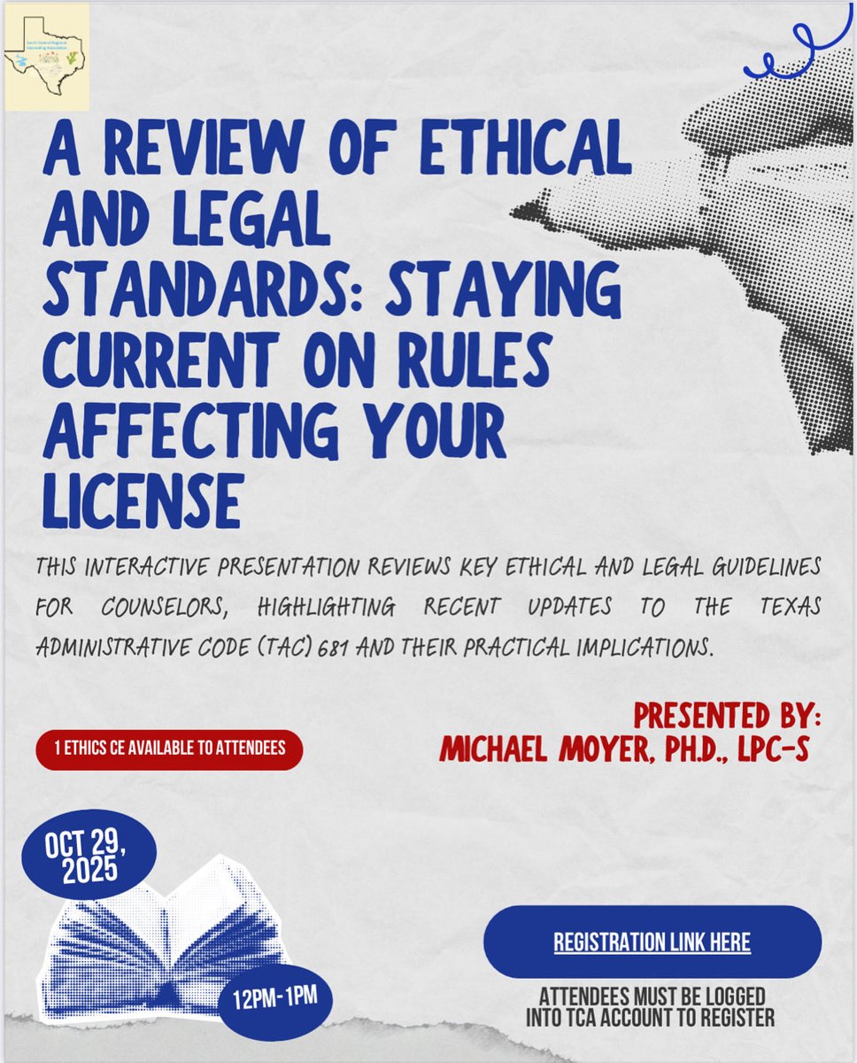 SCRCA_TCA's tweet image. Don’t miss this opportunity to refresh your understanding of key ethical &amp;amp; legal guidelines and ensure you’re up to date w/ current professional standards.

Log into your #TCA account &amp;amp; search under events to register.

#SCRCA #schoolcounselors #licensedprofessionalcounselor