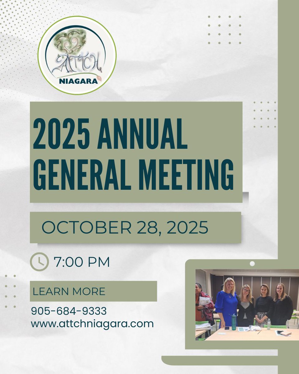 ✨ Reminder! ✨

Join us for ATTCH Niagara’s Annual General Meeting (AGM) on Oct 28th at 7:00 PM at the Kiwanis Aquatic Centre (425 Carlton St., St. Catharines).

📅 Date: October 28, 2025
⏳ Time: 7:00 PM
📍 Location: Kiwanis Aquatic Centre, 425 Carlton St., St. Catharines