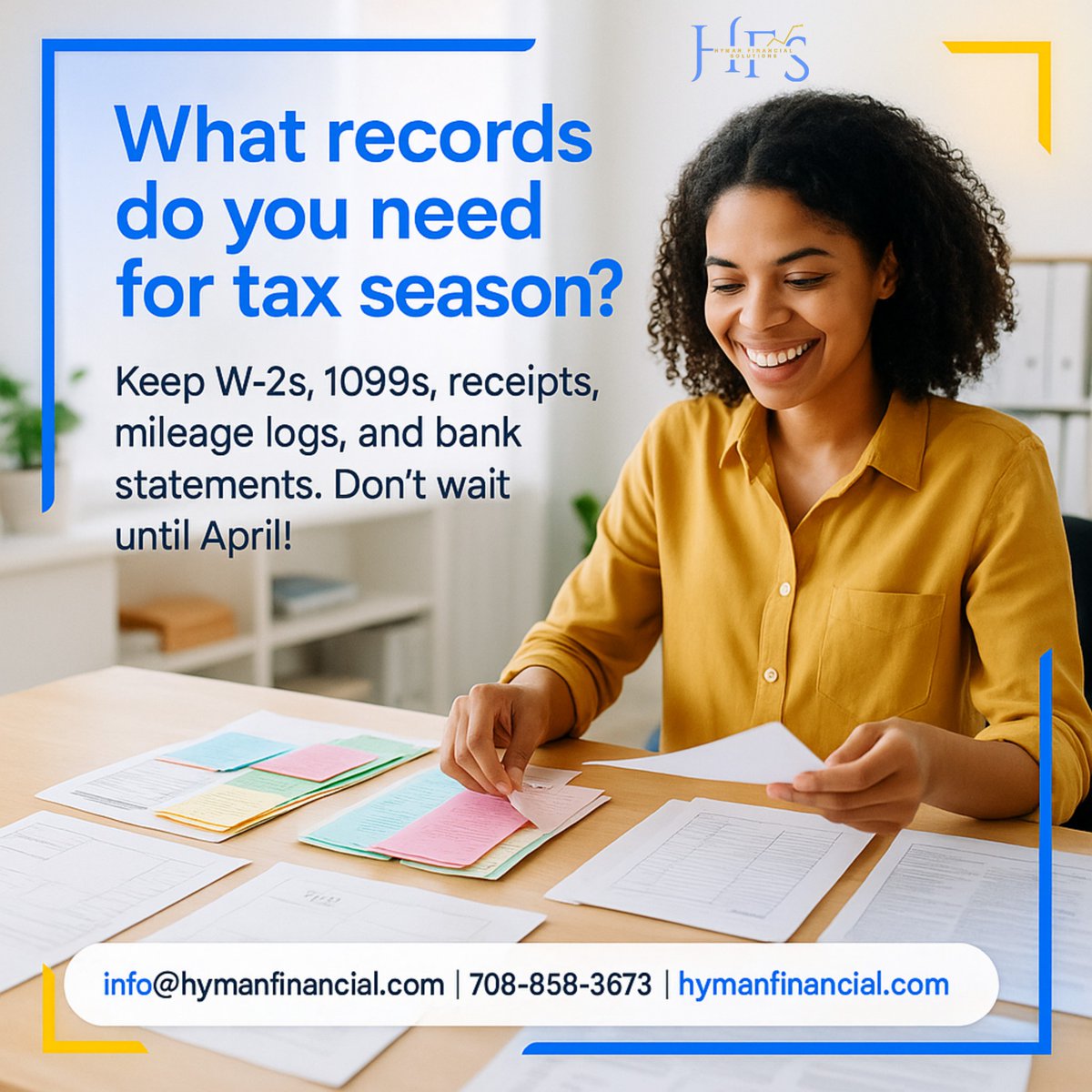 HymanFinancial's tweet image. Don’t wait until April! 📆
Get tax-ready early:
✅ W-2s &amp;amp; 1099s
✅ Receipts &amp;amp; mileage logs
✅ Bank statements
Stay organized, stress less, and save more. 💼✨
#TaxReady #CPATips #HymanFinancialSolutions #ChicagoCPA