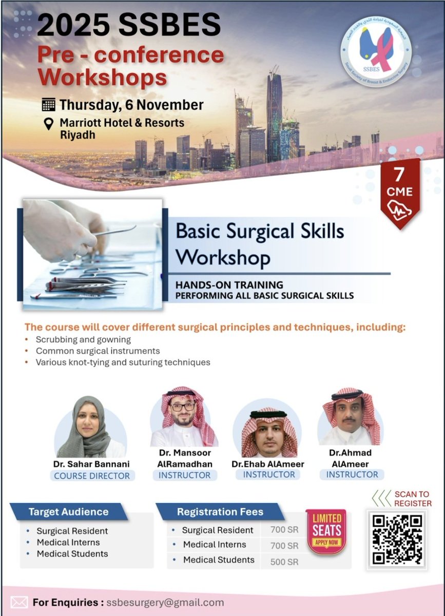 🩺 Want to master essential surgical skills?
Join the Basic Surgical Skills Workshop at #SSBES2025 🎓

📅 Nov 6 – Marriott Riyadh
👨‍⚕️ Supervised by experienced surgeons
🎯 For medical students, interns &amp; residents

⚠️ Limited seats remaining!