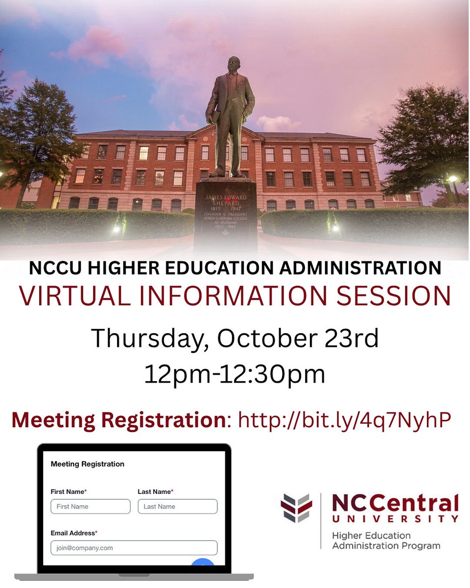 NCCUHigherEd's tweet image. Interested in pursuing a Master’s in Higher Education Administration at North Carolina Central University? Join us for a Virtual Information Session tomorrow, Thursday, October 23, 2025, at 12 p.m. to learn more about the HEA Program here at NCCU.
#nccuhighered