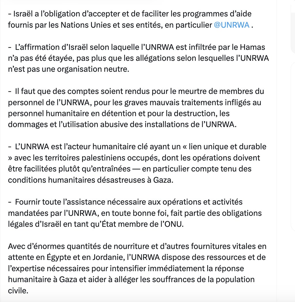 Je salue la décision sans ambiguïté rendue aujourd’hui par la Cour internationale de Justice, qui déclare que :