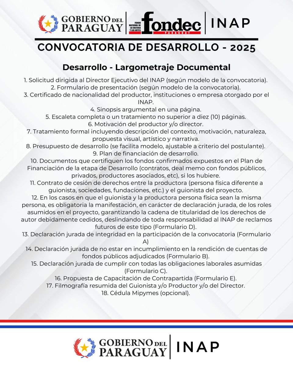 Inap_py's tweet image. 🎥 ¿Querés postularte a la Convocatoria de Desarrollo y CoDesarrollo FONDEC – INAP 2025?
Consultá los requisitos, descargá las bases y formularios y completá tu postulación en 👇
🔗 inap.gov.py/convocatoria-f…
#ConvocatoriaINAP #FONDEC #CinePY #INAP