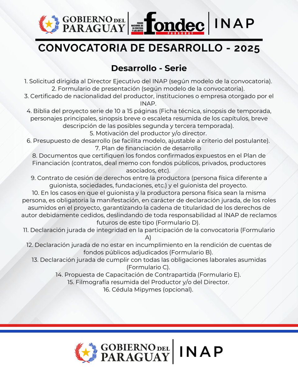 Inap_py's tweet image. 🎥 ¿Querés postularte a la Convocatoria de Desarrollo y CoDesarrollo FONDEC – INAP 2025?
Consultá los requisitos, descargá las bases y formularios y completá tu postulación en 👇
🔗 inap.gov.py/convocatoria-f…
#ConvocatoriaINAP #FONDEC #CinePY #INAP