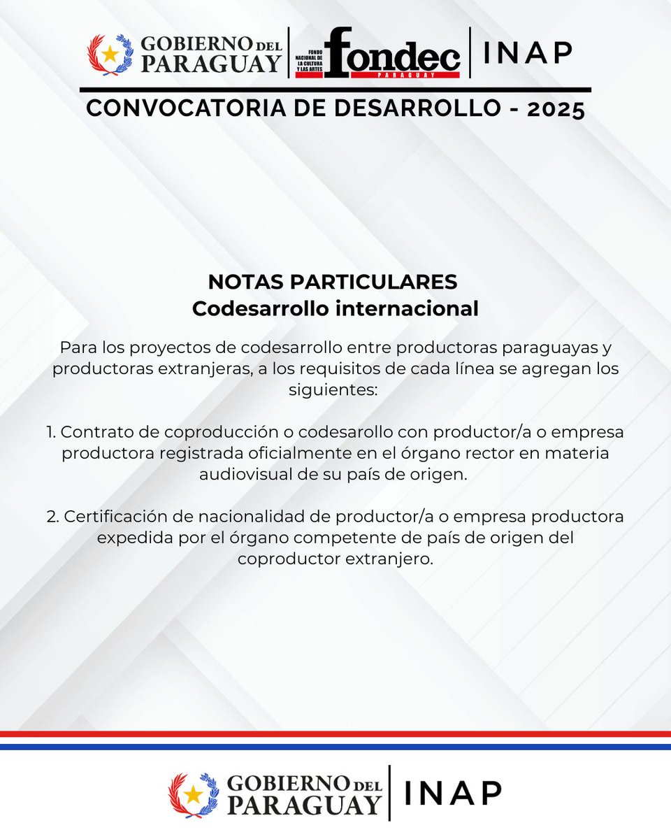 Inap_py's tweet image. 🎥 ¿Querés postularte a la Convocatoria de Desarrollo y CoDesarrollo FONDEC – INAP 2025?
Consultá los requisitos, descargá las bases y formularios y completá tu postulación en 👇
🔗 inap.gov.py/convocatoria-f…
#ConvocatoriaINAP #FONDEC #CinePY #INAP