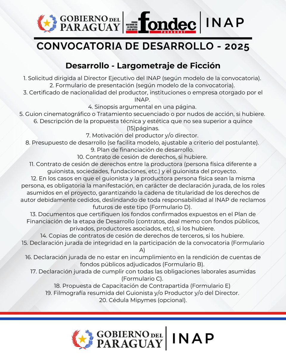Inap_py's tweet image. 🎥 ¿Querés postularte a la Convocatoria de Desarrollo y CoDesarrollo FONDEC – INAP 2025?
Consultá los requisitos, descargá las bases y formularios y completá tu postulación en 👇
🔗 inap.gov.py/convocatoria-f…
#ConvocatoriaINAP #FONDEC #CinePY #INAP