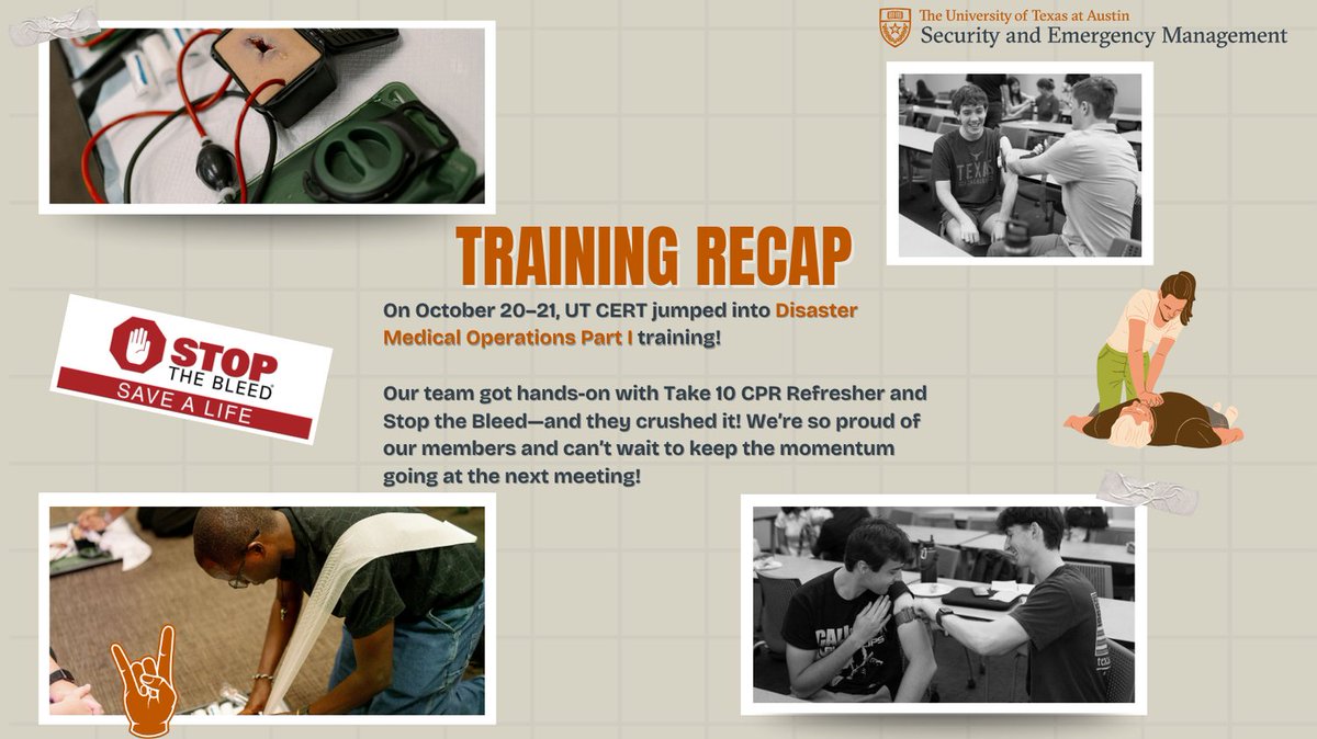 🧡🩺 TRAINING RECAP 🩺🧡

This week, #UTCERT took on Disaster Medical Operations Part I with hands-on training in Take 10 CPR and Stop the Bleed! 💪

Our members crushed it—see you at the next meeting in November! 🤘
#LonghornReady #UTCERT
