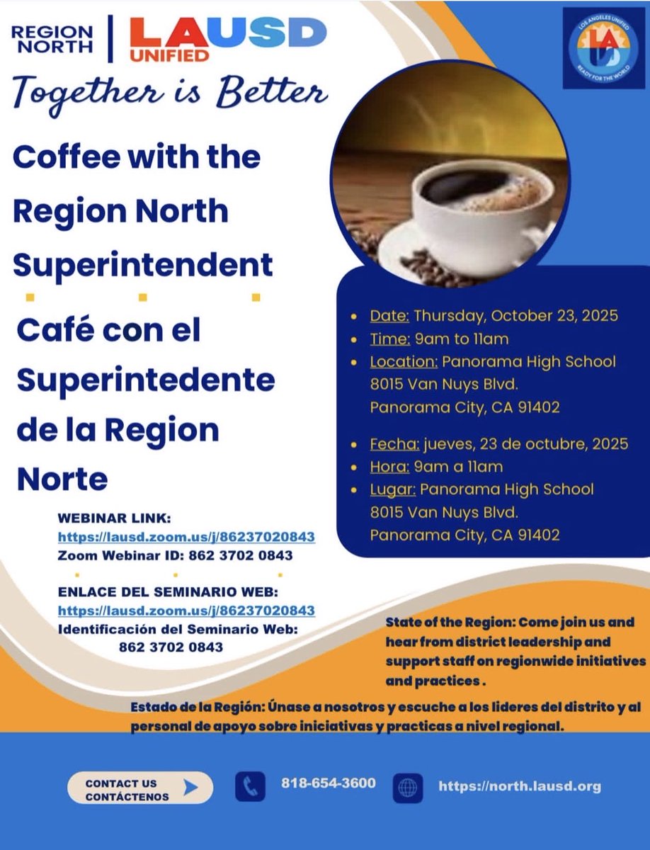 PanoramaPythons's tweet image. Join us TOMORROW! Thursday, October 23 at 9 am for Coffee with our Region North Superintendent Dr. David Baca and the annual โState of the Regionโ address at our very own Panorama High School! โ๏ธ๐๐ #pythonpride