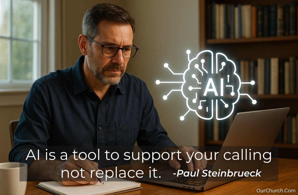 OurChurchDotCom's tweet image. AI is a tool to support your calling not replace it. -Paul Steinbrueck #AI #Productivity #SaveTime