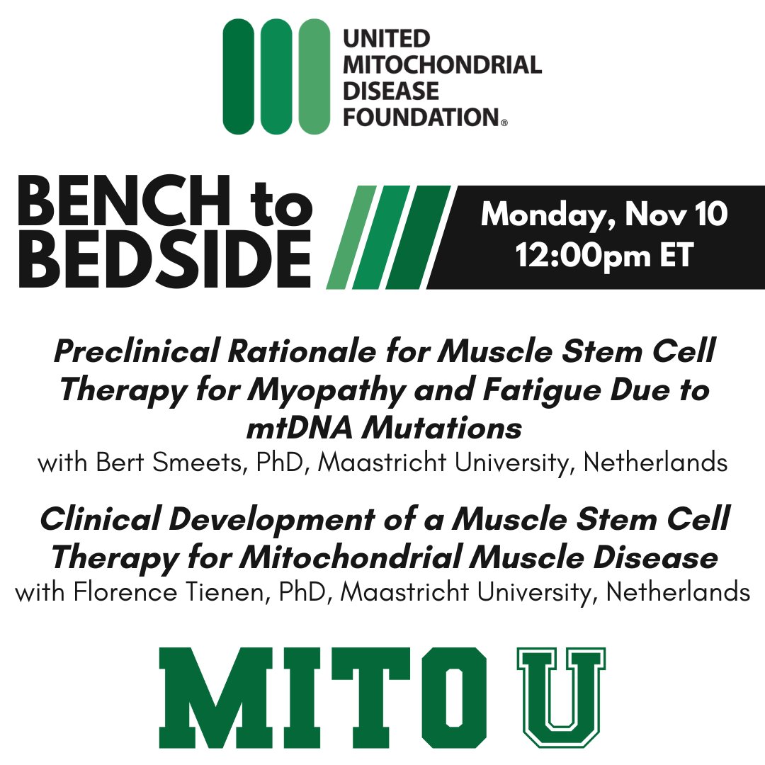 UMDFScience's tweet image. Join us Monday, November 10 for a Bench-to-Bedside two talks on Muscle Stem Cell Therapy for hashtag#mitochondrialdisease, moderated by Zuela Zolkipli-Cunningham, MD. 
Register today: umdf-mitou.teachable.com/p/mitou-umdfbtb

#mito #mitoresearch #stemcelltherapy