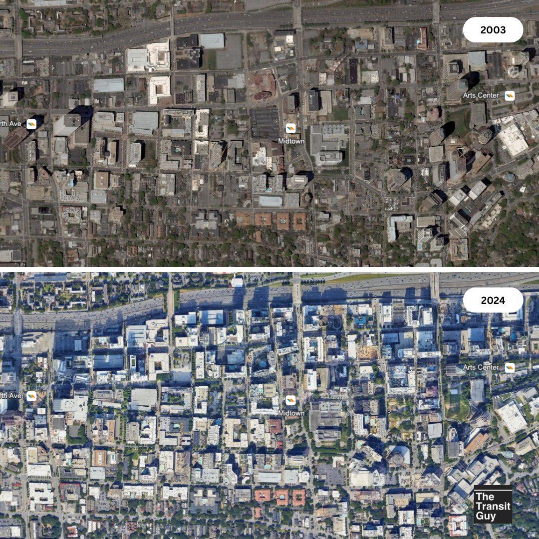 YIMBYLAND's tweet image. Crazy that it only took 20 years for Midtown Atlanta to effectively eliminate all of its vacant parking lots.