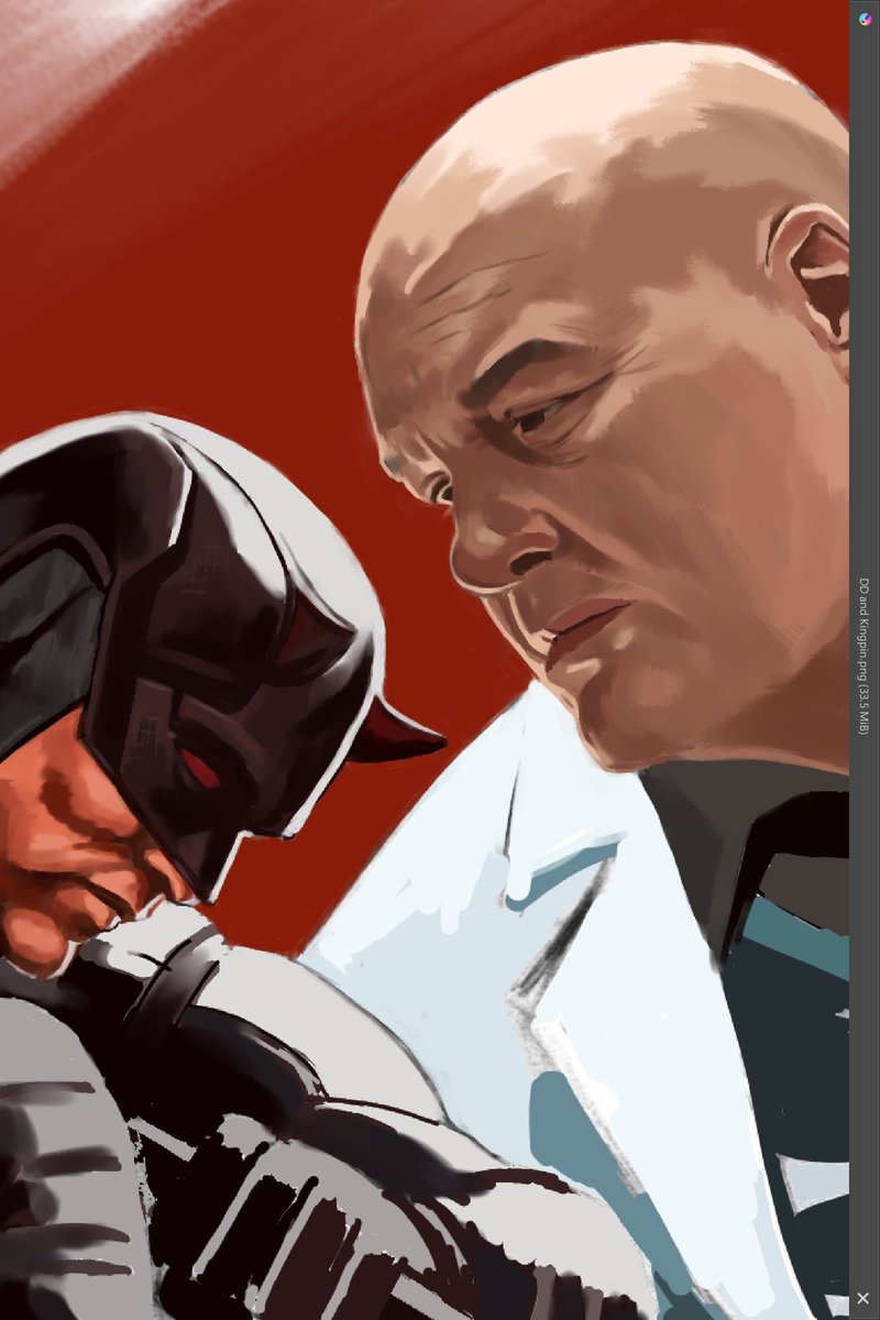 Mayor Fisk celebrates Matt Murdock's birthday by throwing punches his way. A day late, but some close-up painted progress of DD and Kingpin. <a href="/vincentdonofrio/">Vincent D'Onofrio</a> #DaredevilBornAgain #art #WIP