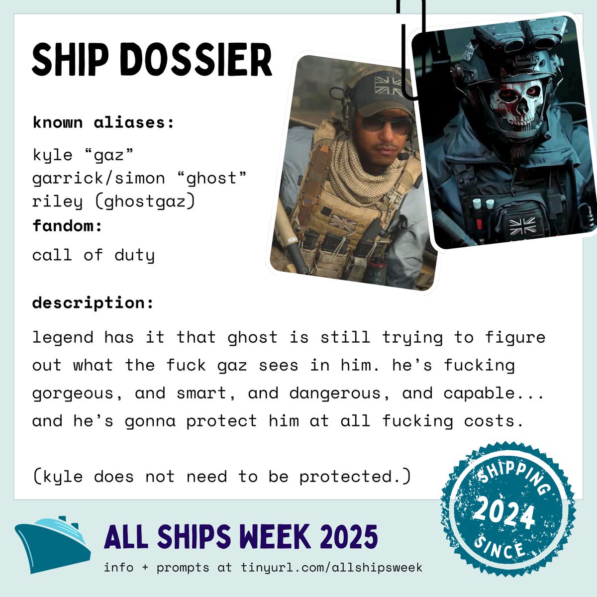 pap3rtigers's tweet photo. Happy #AllShipsWeek !!! Day 3 belongs to #SoapGaz and #GhostGaz! I have two #kinktober fills for them so far this year~
https://t.co/QrPOXlHfxJ
#gazsoap #gazghost #codfic #pap3rfics https://t.co/HHPbOQBJtW