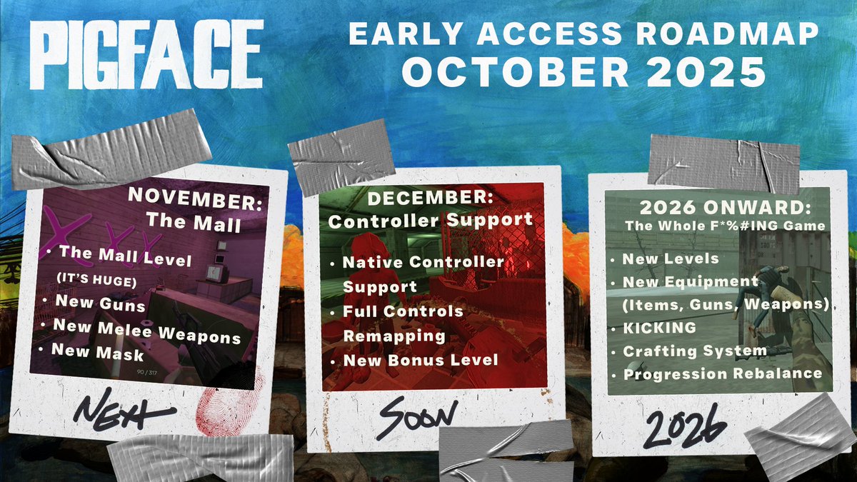 attention PIGFACE-lovers, here is the roadmap showcasing the upcoming content for the game. there's a link to the steam post below! 🛠️