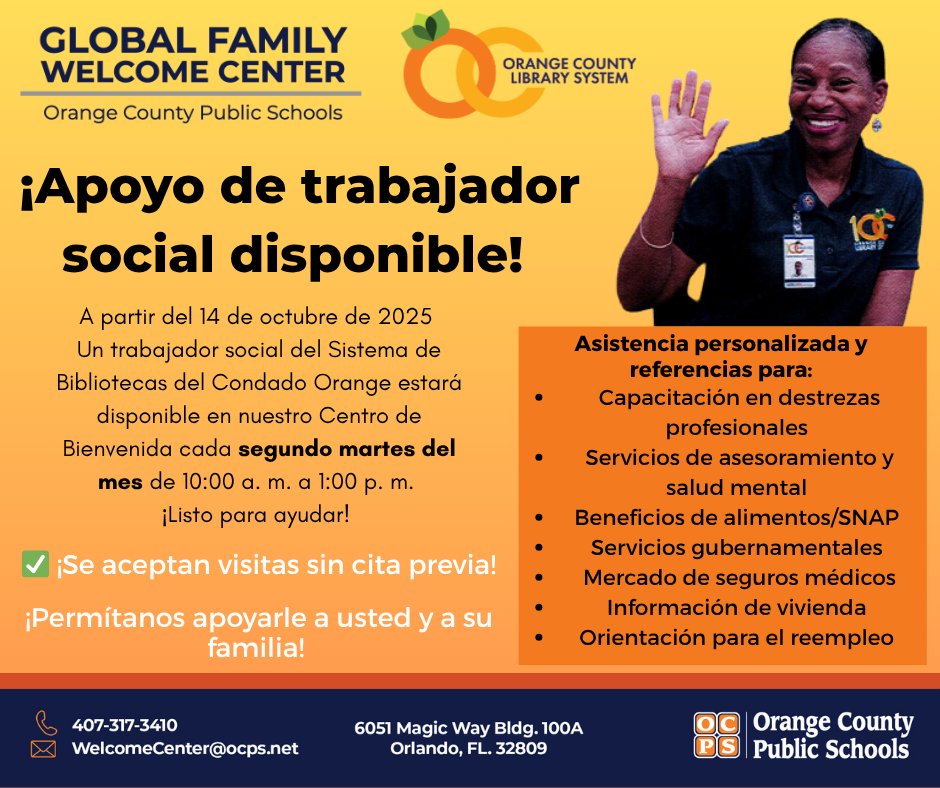 We’re excited to share a new resource available to support our community!
Starting October 14, 2025 a social worker from the Orange County Library System will be available at our Welcome Center every second Tuesday of the month from 10:00 a.m. to 1:00 p.m.
✅ Walk-ins are welcome
