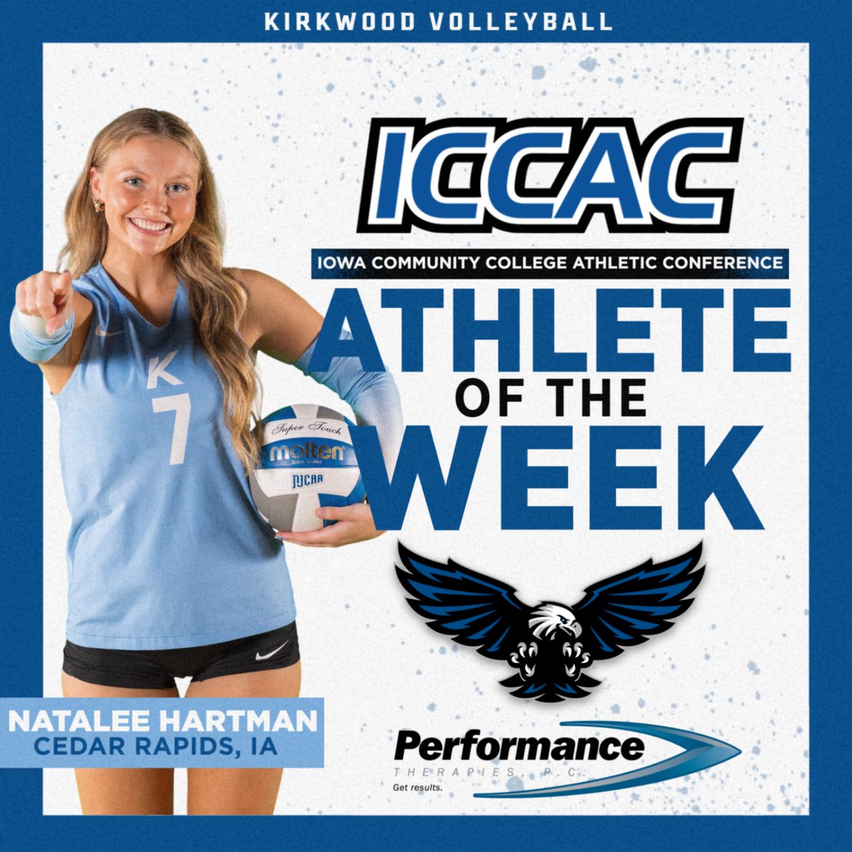 ＶＯＬＬＥＹＢＡＬＬ

Congratulations to Natalee Hartman on winning ICCAC Athlete of the Week honors! In five matches, Natalee had 71 digs and five service aces. She recorded double-digit digs against all four ranked opponents last week. We are so proud!

#GoEagles🦅🏐 | 
<a href="/KCC_VB/">Kirkwood Volleyball</a>
