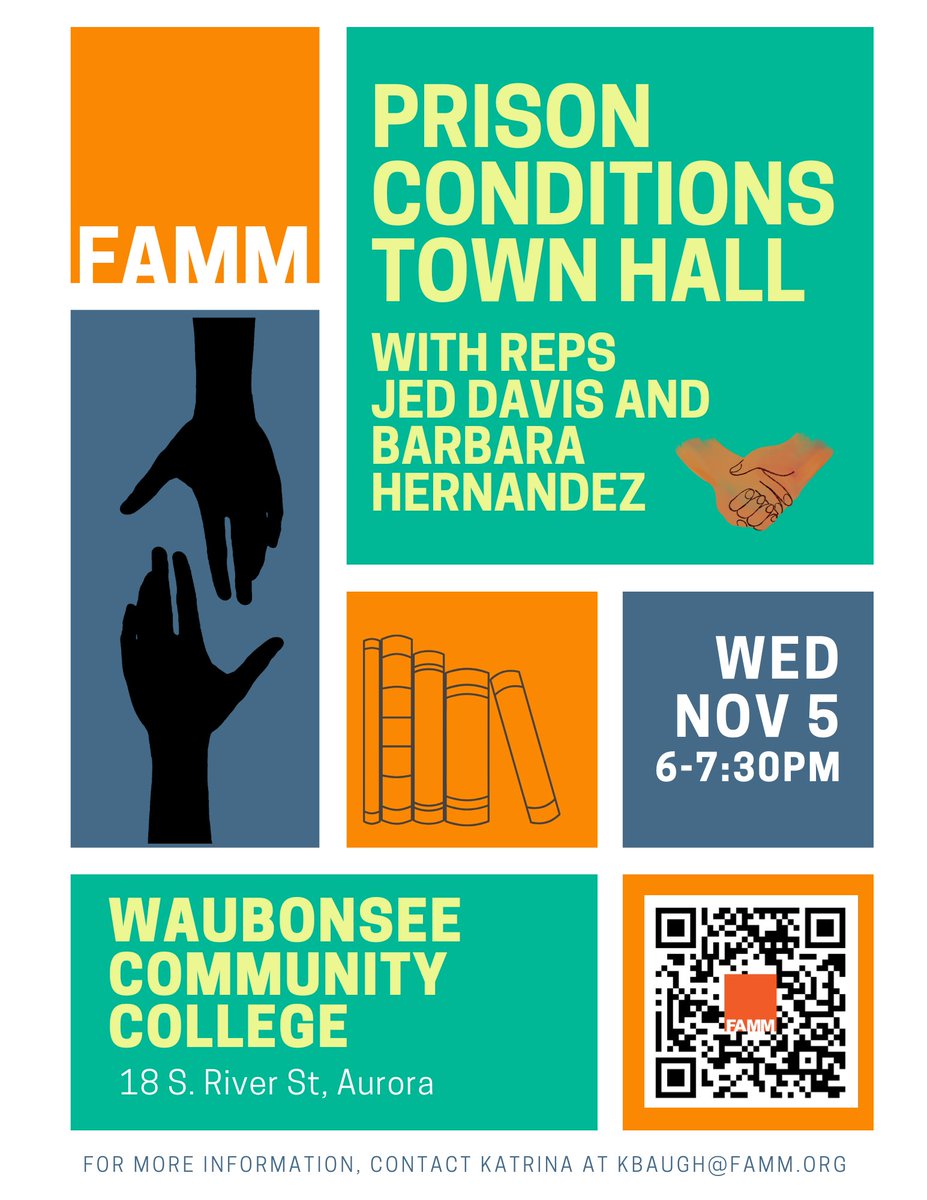 📣 Don’t miss the Prison Conditions Town Hall! Join Reps Jed Davis &amp; Barbara Hernandez on 11/5, 6-7:30 PM CT at Waubonsee Community College to discuss prison reform in IL. Programming, lockdowns &amp; more—your voice matters!

Details ⬇️
act.famm.org/a/prison-condi…