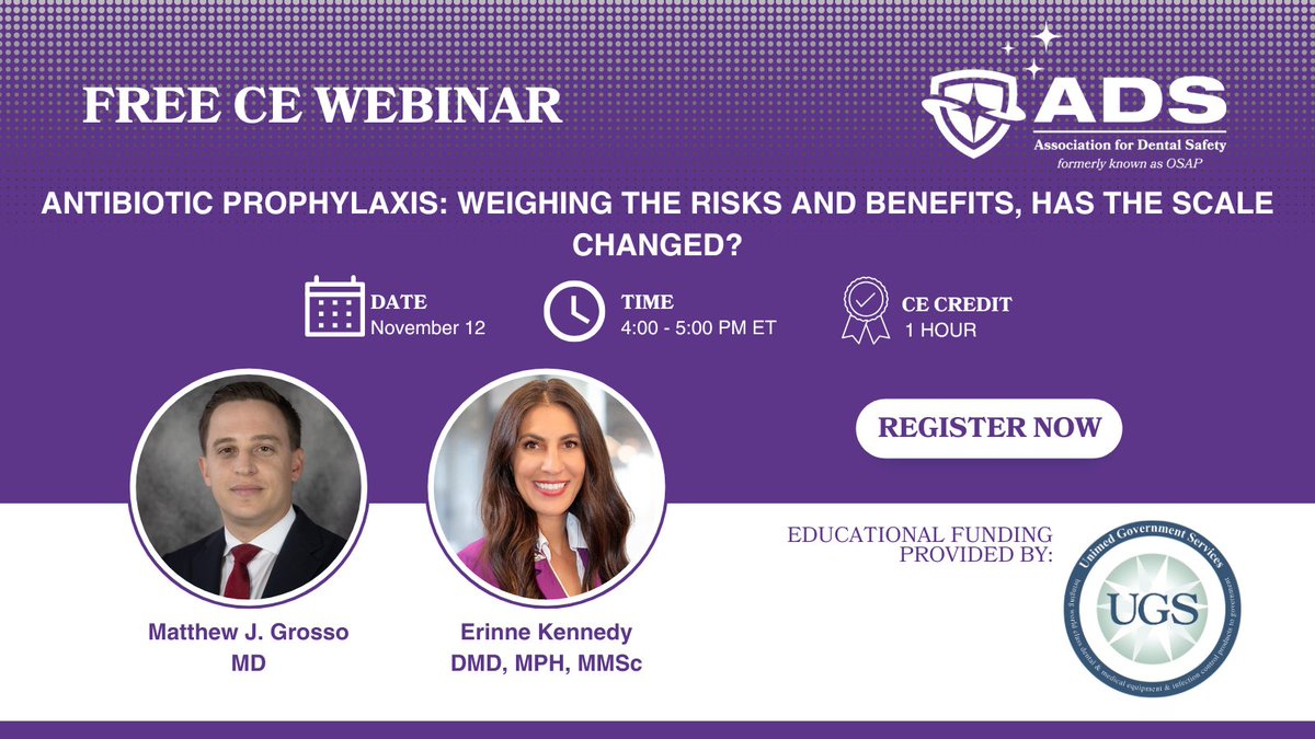 Join us for the next #ADSwebinar! "Antibiotic Prophylaxis: Weighing the Risks and Benefits, Has the Scale Changed?," is November 12 at 4:00 PM ET. Educational funding is provided by <a href="/UGSMedical/">UGS Medical</a>, &amp; this webinar is worth 1 FREE CE credit! 

Register today 👉 ow.ly/mpZe50X0f2q